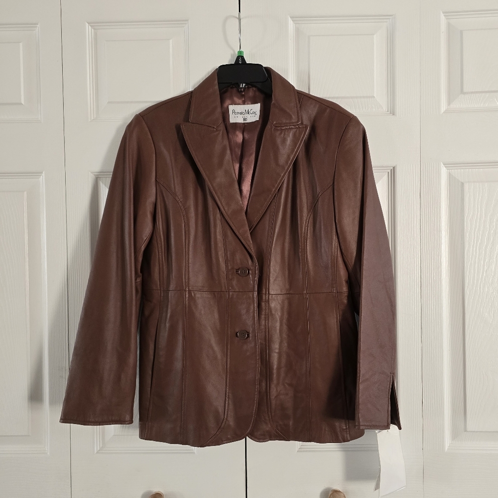 Pamela McCoy Women's Brown Leather Full lined Pockets Front Jacket size L